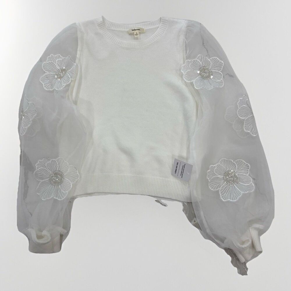 Lalavon Blouse Womens Size Small White Long Sleeve Sheer Tulle Embroidered NWT